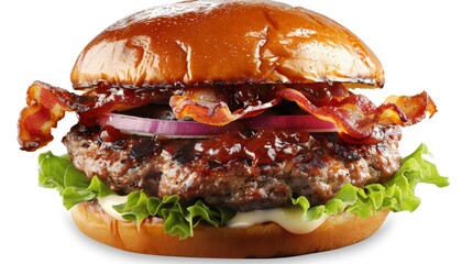 Wall Mural - Juicy beef patty topped with bacon, red onion, lettuce, and sauce on a toasted bun.