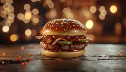 Wall Mural - A juicy hamburger with bacon, pickles, and ketchup on a wooden table with bokeh lights in the background.