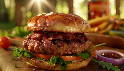 Wall Mural - A juicy burger with bacon and a sweet sauce, with fresh tomato and lettuce, on a rustic wooden board.