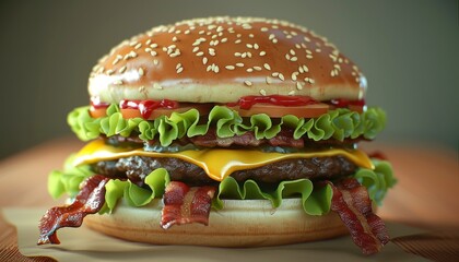 Wall Mural - A close-up of a delicious cheeseburger with lettuce, tomato, ketchup, bacon, and melted cheese on a sesame seed bun.