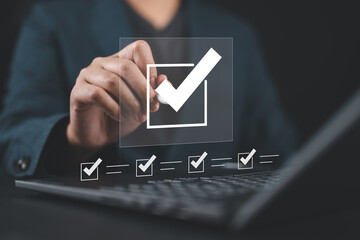 Poster - Tick mark checkbox. Business performance checklist tracking concept. Online evaluation survey questionnaires, conducting audits evaluation and assessments. Standard certification, quality improvement