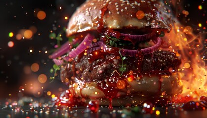 Wall Mural - A close-up of a juicy burger with melted cheese and red onion, covered in sauce and surrounded by fiery sparks.