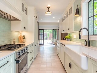 Wall Mural - Bright Modern Kitchen With Farmhouse Sink And Garden View