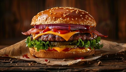 Wall Mural - A classic cheeseburger with bacon, lettuce, tomato, and pickles on a sesame seed bun.