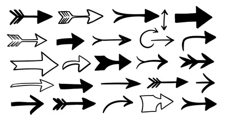 Collection hand drawn arrows. Set simple arrows isolated on white background. Arrow mark icons. Arrow paint - stock vector.
