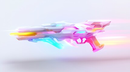Poster - Futuristic laser gun with vibrant neon lights,  isolated on white background.