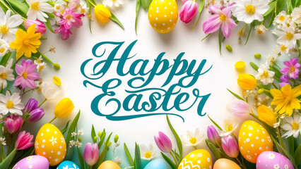 Poster - Colorful Easter celebration with decorated eggs and spring flowers arranged in a vibrant display