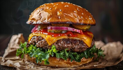 Wall Mural - A juicy cheeseburger with lettuce, tomato, onion, and pickles on a sesame seed bun.