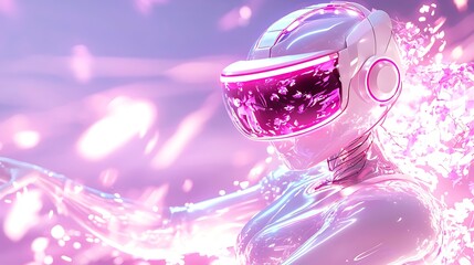 Fototapete - Futuristic female robot wearing VR headset, pink light particles surrounding her.