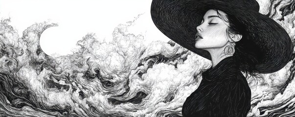 Wall Mural - Portrait of a Woman in a Wide-Brimmed Hat Amidst a Surreal Abstract Wave of Black and White Lines Evoking a Dreamlike Atmosphere of Quiet Reflection