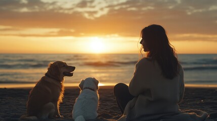 Silhouettes of Tranquility: A woman and two dogs, silhouetted against the vibrant hues of a breathtaking sunset, contemplate the vast ocean's beauty, creating a scene of serenity and companionship. 