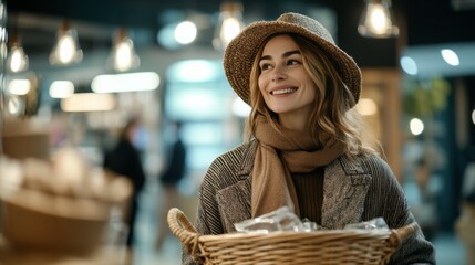 Woman with Basket Shopping: A smiling woman with long hair, wearing a stylish hat and scarf, confidently strolls through a bustling marketplace, her wicker basket overflowing with fresh, local goods.