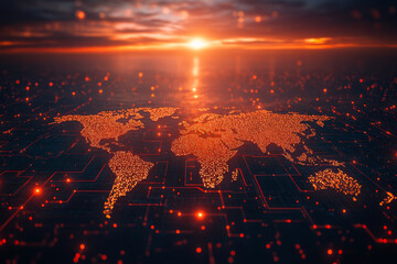 Wall Mural - digital world map with glowing circuits and sunset backdrop evokes innovation