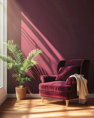 Wall Mural - A cozy reading nook featuring a plush chair and a potted plant in a sunlit room.