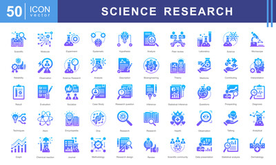 Poster - Science Research icon collection set. Containing contributing, systematic, interpretation, evaluation data, planned, scientific studies, socialized icon. Simple vector illustration.