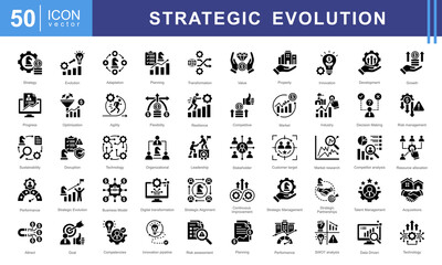 Wall Mural - Strategic Evolution icon collection set. Containing growth, transformation, adaptation, change, progress, development, innovation icon. Simple vector illustration.