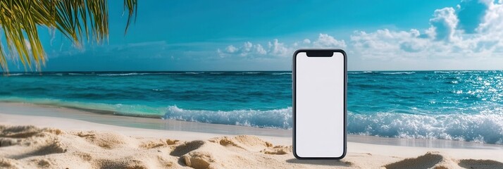 Wall Mural - mobile phone mockup on the tropical beach near sea, holiday internet concept panorama.