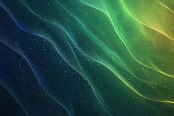 Wall Mural - Abstract green and blue wave background with glowing particles.