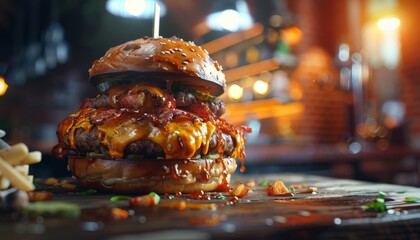 Wall Mural - Close-up of a juicy cheeseburger with bacon and melted cheese on a wooden table with a blurry background of a bar.