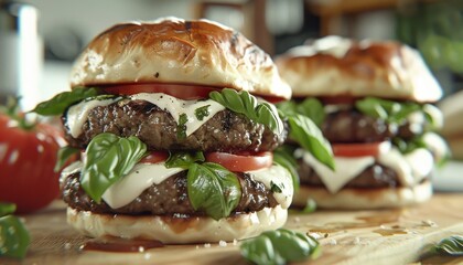 Wall Mural - Two delicious, juicy burgers with fresh basil, mozzarella cheese, and tomato on a wooden cutting board.