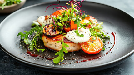 Poster - Delicious modern dish featuring grilled fish, fresh greens, and tomatoes