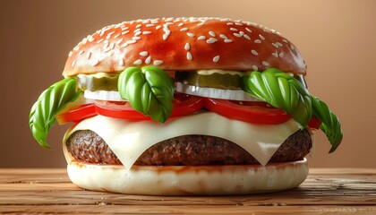 Wall Mural - Close-up of a juicy burger with cheese, tomato, pickles, and basil on a wooden table.