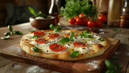 Wall Mural - A freshly baked pizza with mozzarella cheese, cherry tomatoes, and basil leaves on a wooden cutting board.