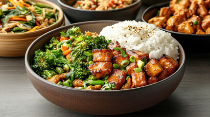 Poster - Delicious Asian dinner with rice, vegetables, and savory protein