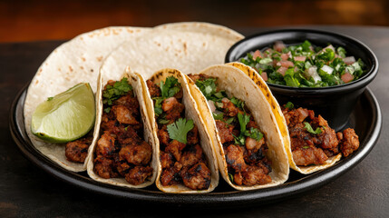 Poster - Delicious traditional Mexican tacos with lime and salsa