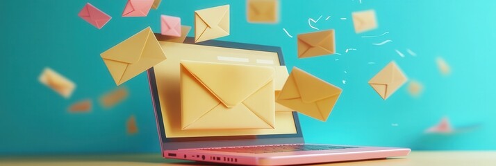 Wall Mural - 3d render of laptop with flying envelopes and letter, illustrating the concept of email marketing.