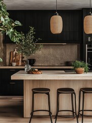 Wall Mural - Modern Kitchen Island with Wooden Stools and Greenery