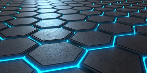Poster - A blue and black hexagonal pattern with a blue light shining on it