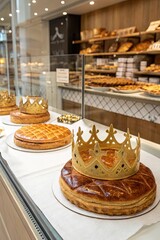 Poster - A bakery display case with a cake on top of a white cloth