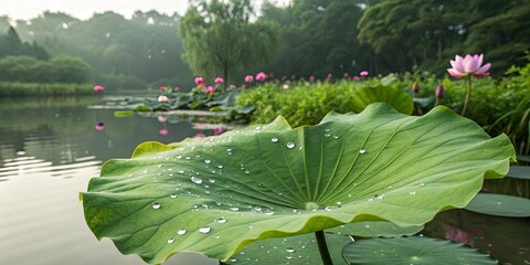 Aufkleber - A large leaf with water droplets on it is floating in a pond