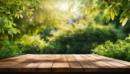 Canvas Print - Wooden table in a lush green garden, bathed in sunlight.