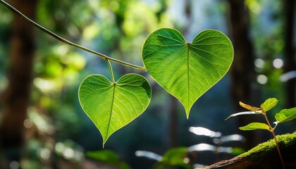 Canvas Print - Two heart-shaped leaves bathed in sunlight, a symbol of nature's beauty.