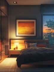 Wall Mural - Modern bedroom interior design with sunset view