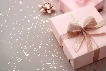 Poster - Sparkling Pink Gold Gift Boxes on Festive Holiday Background for New Year Celebration