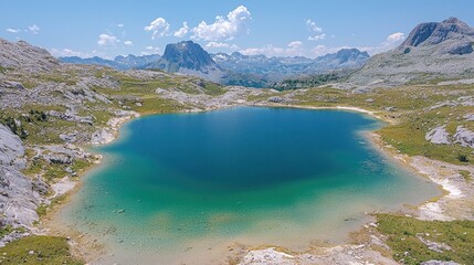 Wall Mural - Stunning Aerial View of a Serene Mountain Lake: Turquoise Water, Majestic Peaks, and a Breathtaking Panorama