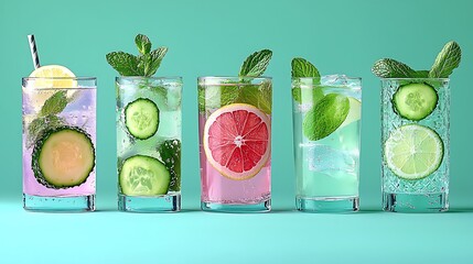 Wall Mural - Refreshing Assortment of Infused Water with Citrus and Mint in a Minimalist Setting