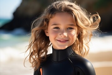 Wall Mural - Portrait of a cute little girl with wetsuit on the beach