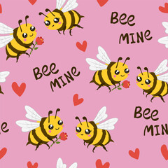 Wall Mural - Cute bees seamless pattern and text “Bee Mine”. Vector illustration.