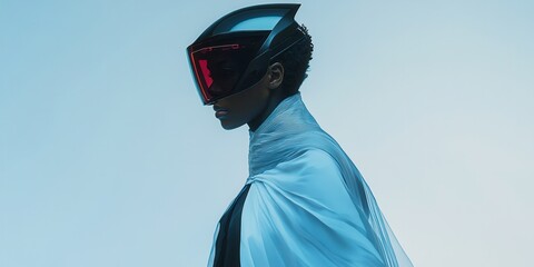 Wall Mural - Portrait of a model in a high-fashion techwear cape with embedded smart fabric panels that change color based on lighting paired with a futuristic helmet 