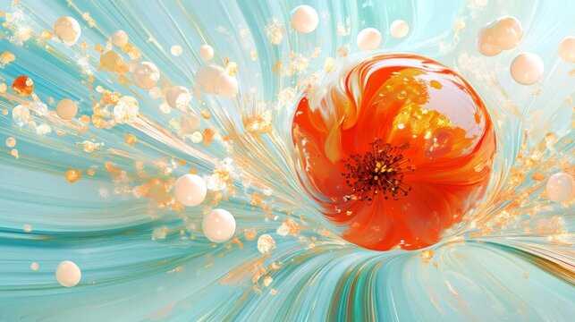 Abstract Orange Sphere with Blue and White Bubbles