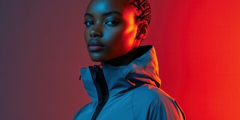 Wall Mural - Portrait of a model wearing a streamlined windbreaker with asymmetrical zippers smart storage compartments and breathable fabric illuminated by 