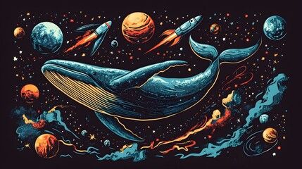 Wall Mural - Cosmic Whale Swims Through Starry Expanse With Rockets
