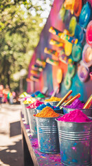 Wall Mural - Colorful Buckets of Powder at Indian Holi Festival. Concept of vibrant celebrations, cultural traditions