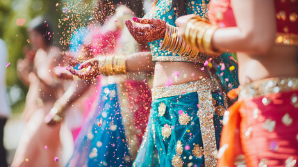 Wall Mural - Close-up of Indian Women Celebrating Holi Festival with Vibrant Colors and Traditional Attire. Concept of cultural celebration, joy, and heritage