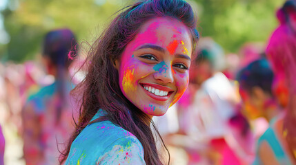 Wall Mural - Smiling Indian Woman Enjoying Holi Festival with Vibrant Colors. Concept of Cultural Celebration, Joyful Expression