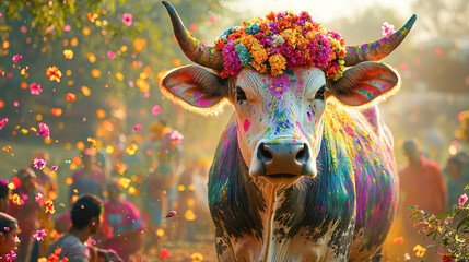 Wall Mural - Colorful Cow Decorated with Flowers at Indian Holi Festival Celebration. Concept of Cultural Traditions, Vibrant Celebrations. Copy space